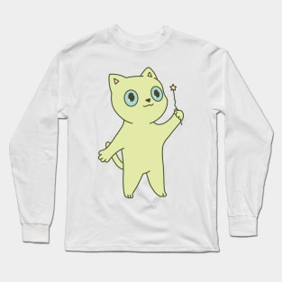 Cute green cat illustration magic wand Long Sleeve T-Shirt